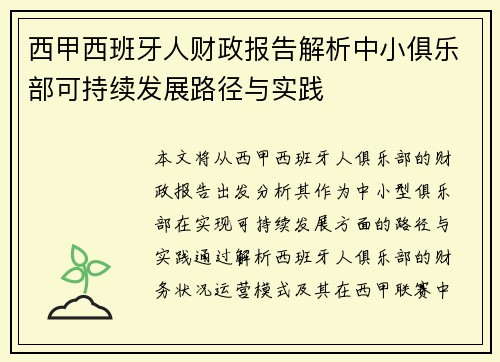 西甲西班牙人财政报告解析中小俱乐部可持续发展路径与实践