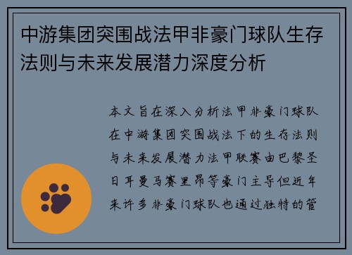 中游集团突围战法甲非豪门球队生存法则与未来发展潜力深度分析