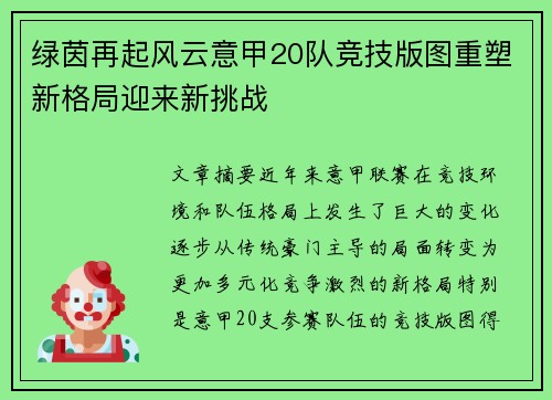 绿茵再起风云意甲20队竞技版图重塑新格局迎来新挑战