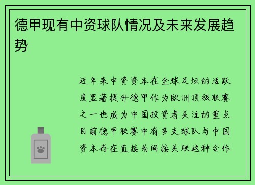 德甲现有中资球队情况及未来发展趋势